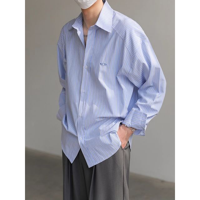 Naideth-Long-Sleeve Collared Striped Button Up Shirt