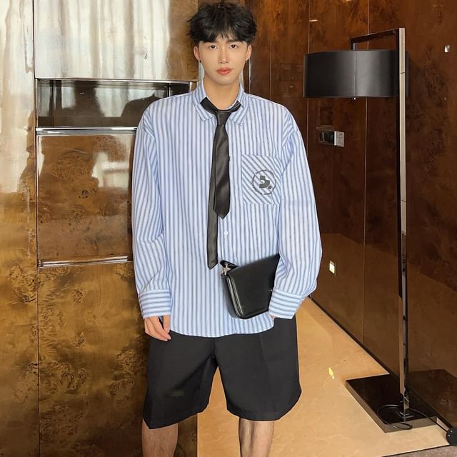 Naideth-Long Sleeve Collared Striped Shirt