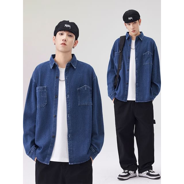 Naideth-Long-Sleeve Collared Washed Denim Button Up Shirt