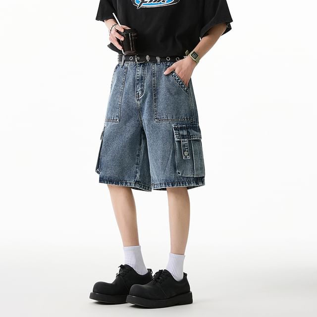 Naideth-Mid Rise Washed Denim Cargo Shorts
