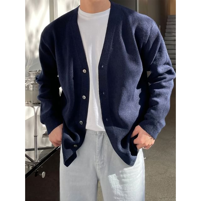 Naideth-Plain V-Neck Ribbed Cardigan