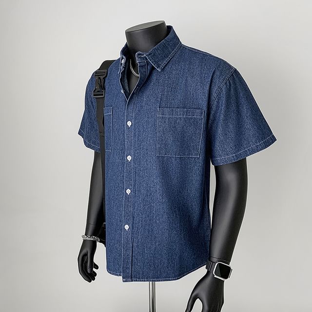 Naideth-Short Sleeve Collared Washed Denim Shirt