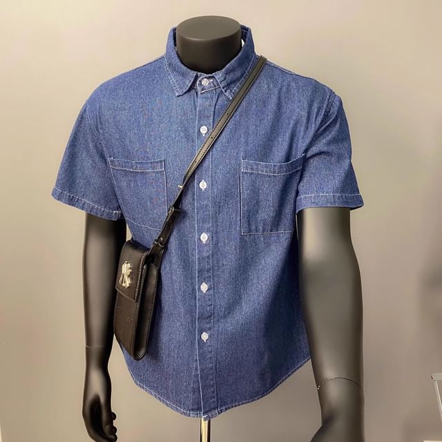 Naideth-Short Sleeve Collared Washed Denim Shirt