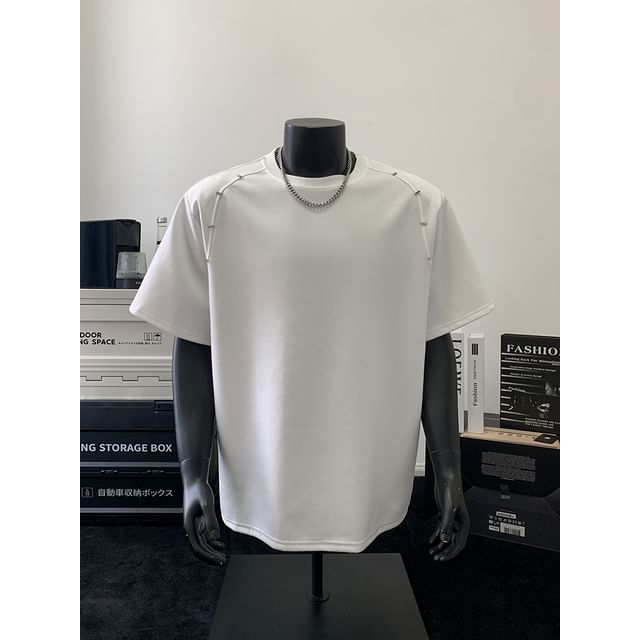 Naideth-Short Sleeve Crew Neck Plain Panel T-Shirt