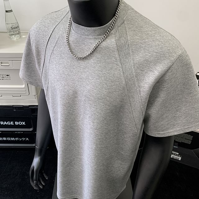Naideth-Short Sleeve Crew Neck Plain Panel T-Shirt