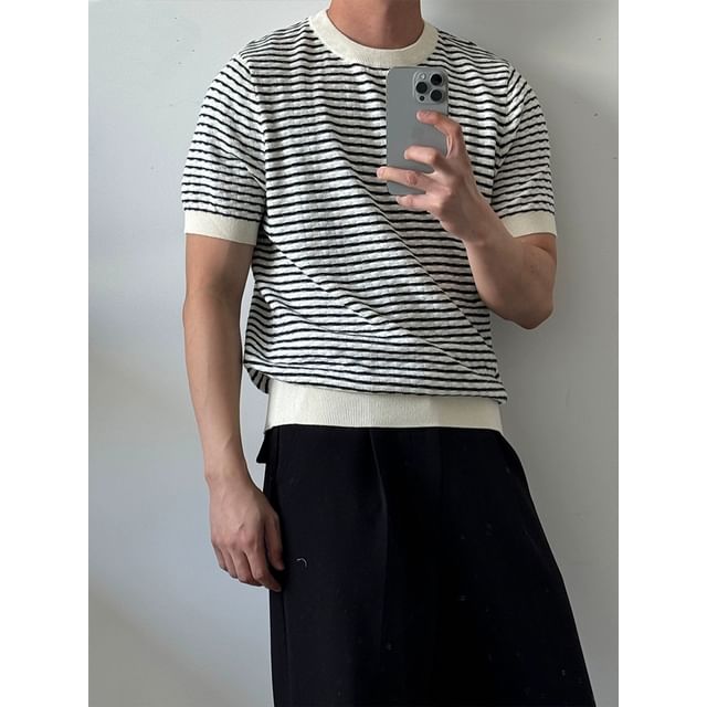 Naideth-Short Sleeve Crew Neck Striped Knit Top