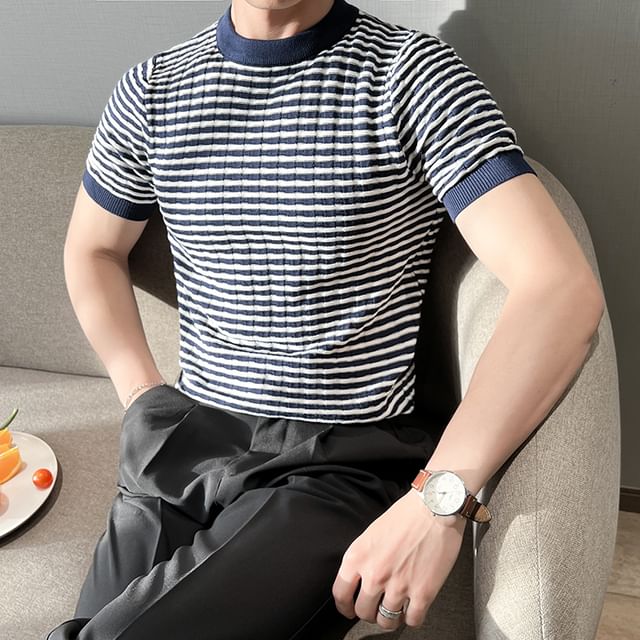 Naideth-Short Sleeve Mock Neck Striped Knit Top