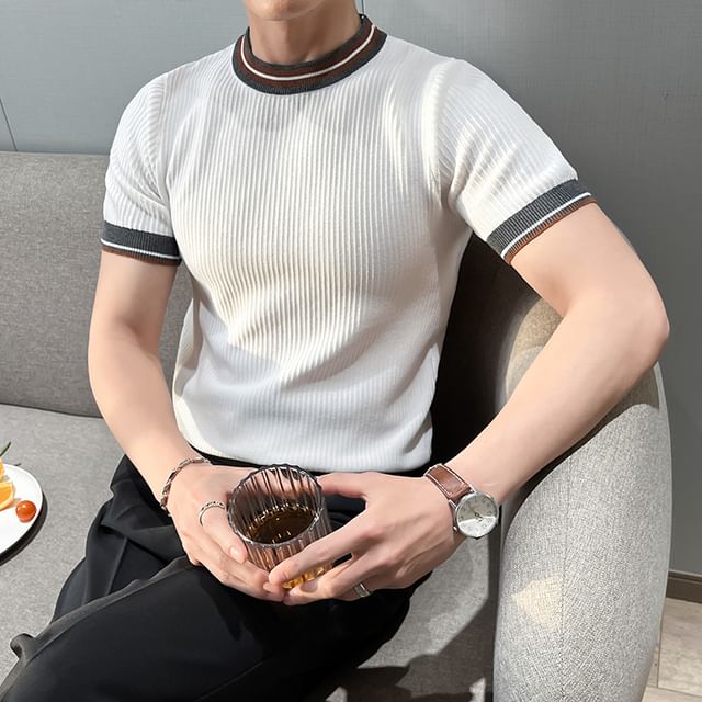 Naideth-Short Sleeve Mock Neck Striped Knit Top