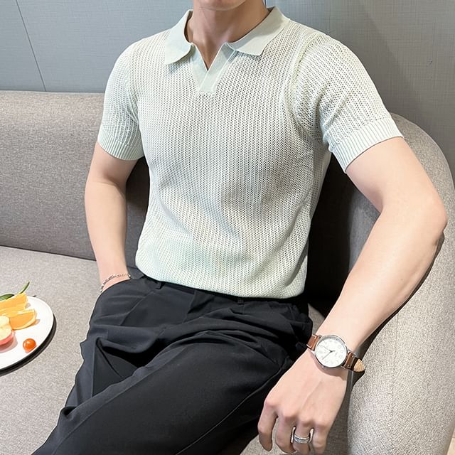 Naideth-Short Sleeve Open Placket Plain Knit Polo Top