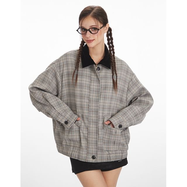 Nariele-Collared Plaid Zip Jacket