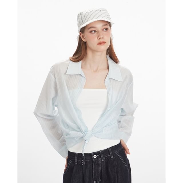Nariele-Long-Sleeve Collared Pinstriped Button Up Shirt