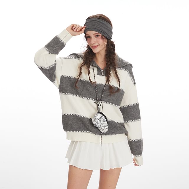 Nariele-Long Sleeve Collared Striped Loose-Fit Sweater