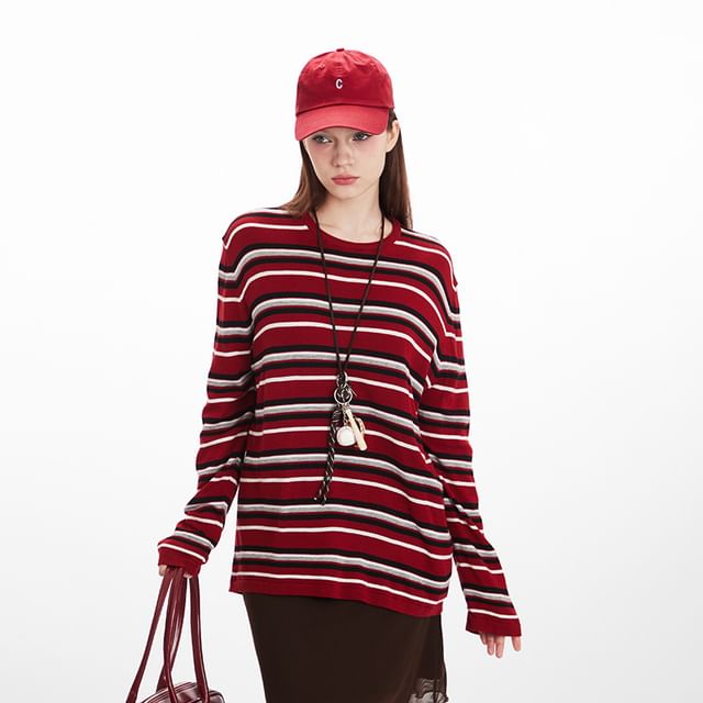 Nariele-Long Sleeve Crew Neck Striped Loose-Fit Pullover