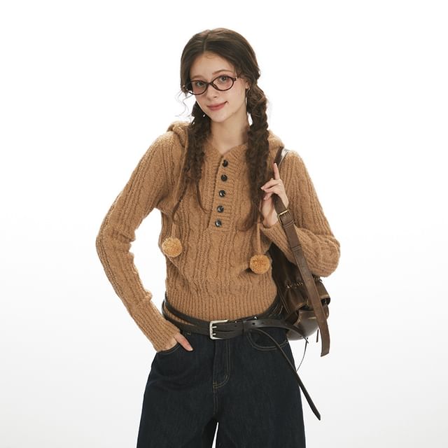 Nariele-Long Sleeve Half Button Plain Cable Knit Sweater