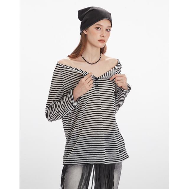 Nariele-Long-Sleeve Off Shoulder Striped Top
