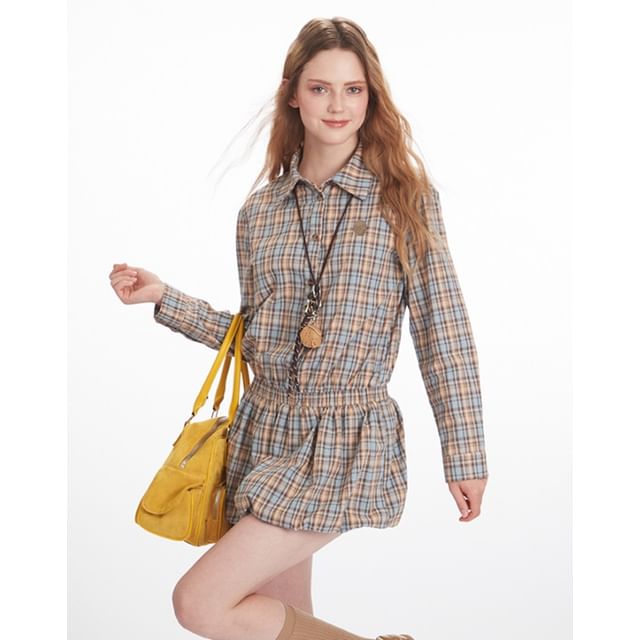 Nariele-Long-Sleeve Plaid Mini Shirt Dress