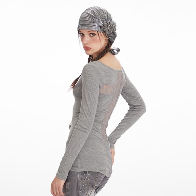 Nariele-Long Sleeve Plain Lace Panel Slim-Fit Top