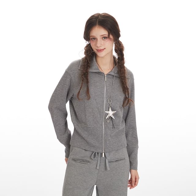 Nariele-Long Sleeve Stand Collar Zip-Up Jacket