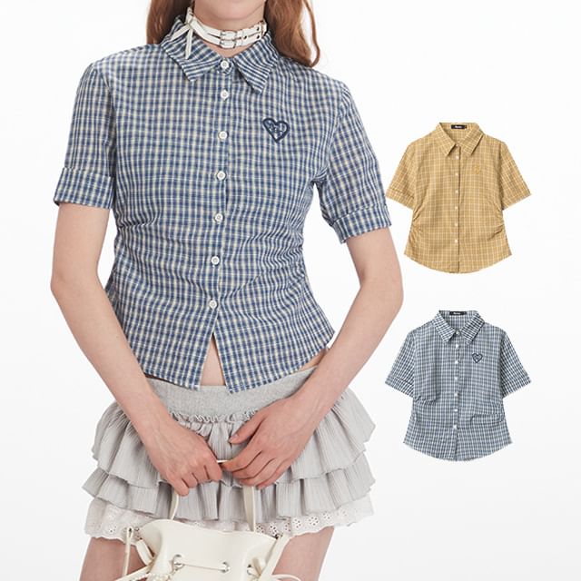 Nariele-Short Sleeve Collared Plaid Cropped Shirt
