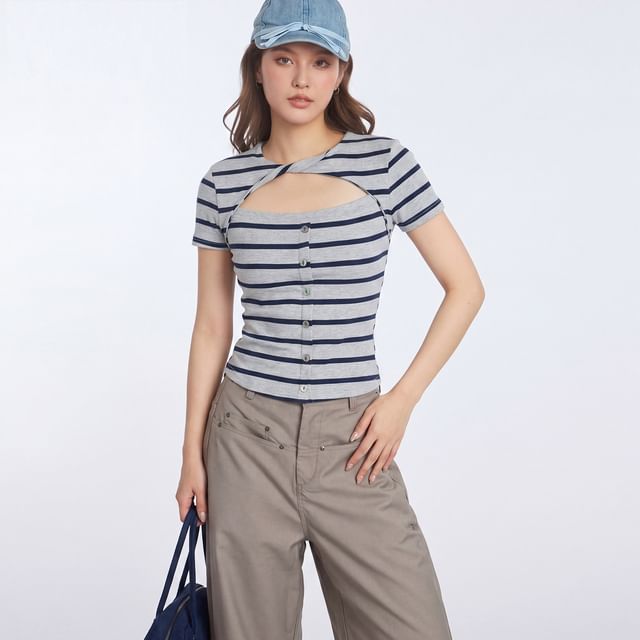 Nariele-Short Sleeve Crew Neck Striped Cut-Out Twisted Button Front Slim-Fit T-Shirt