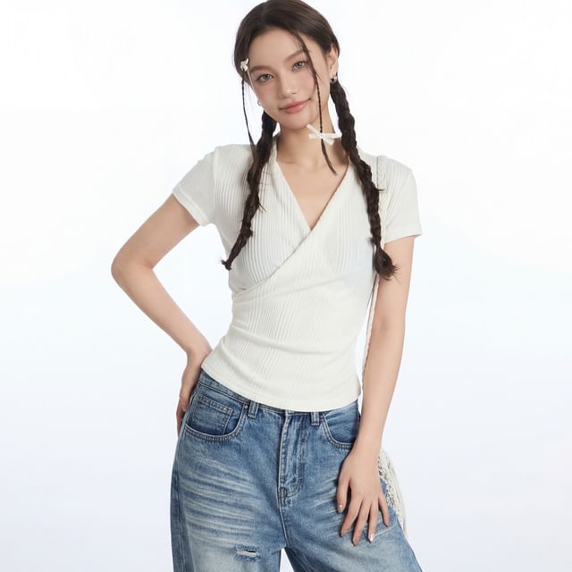 Nariele-Short Sleeve V-Neck Plain Ribbed Wrap Top