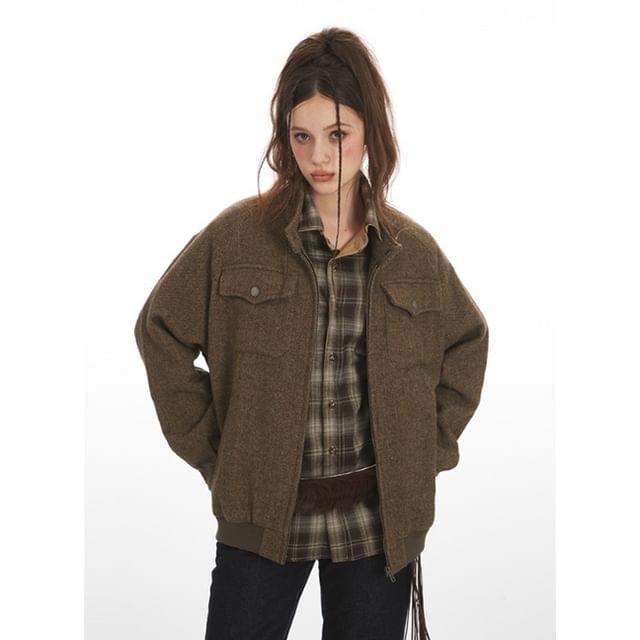 Nariele-Stand Collar Plaid Zip Jacket
