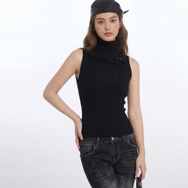 Nariele-Turtleneck Plain Ribbed Knit Tank Top