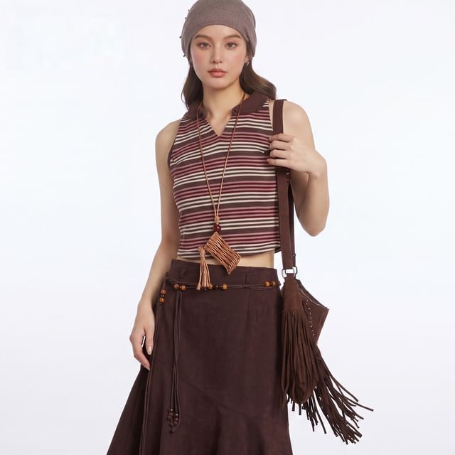 Nariele-V-Neck Striped Crop Polo Tank Top