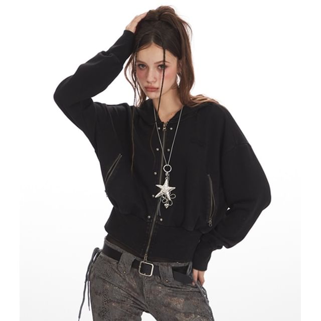 Nariele-V-Neck Studded Zip-Up Jacket