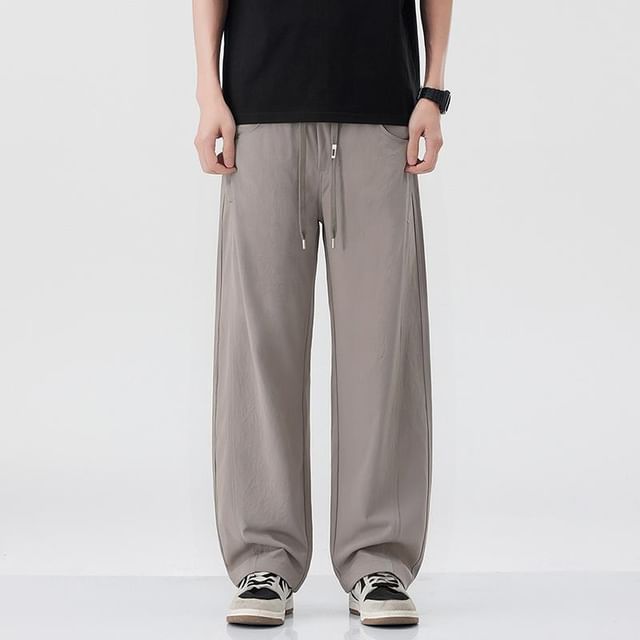 Nataro-Drawstring Waist Plain Barrel Leg Baggy Pants