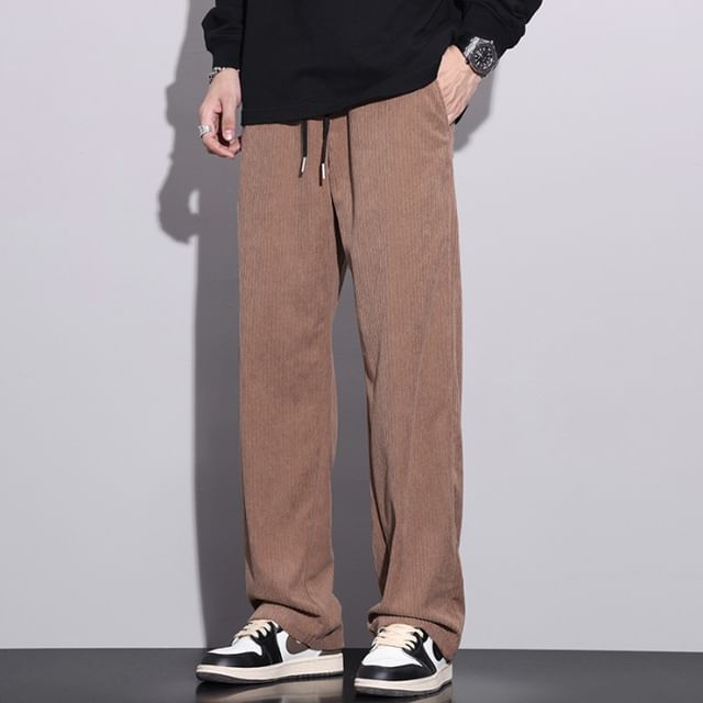 Nataro-Drawstring Waist Plain Corduroy Straight Leg Pants