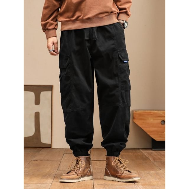Nataro-Drawstring Waist Plain Cropped Baggy Cargo Pants