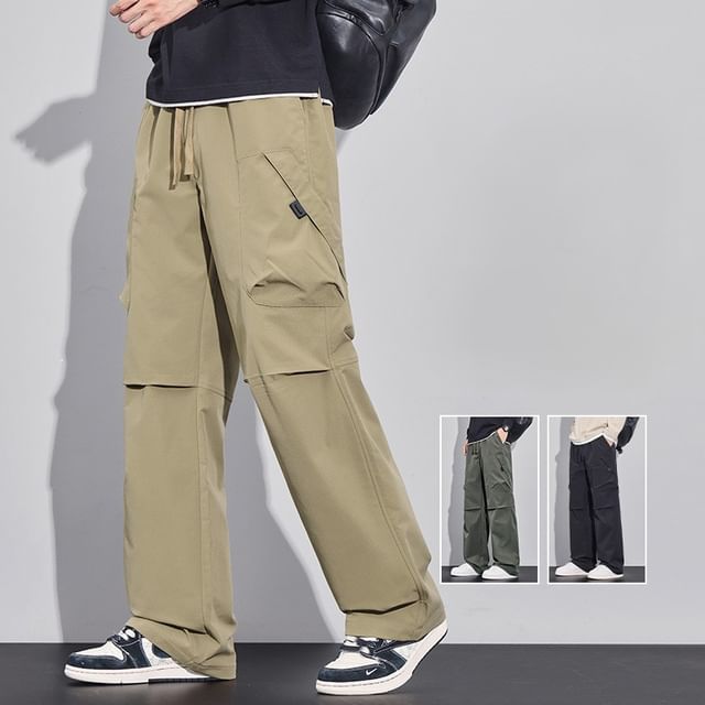 Nataro-Drawstring Waist Plain Loose Fit Cargo Pants