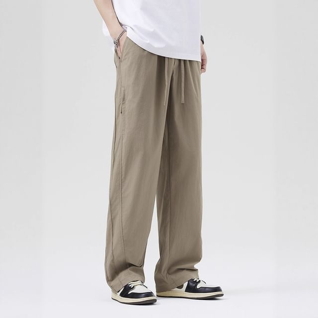 Nataro-Drawstring Waist Plain Loose Fit Pants