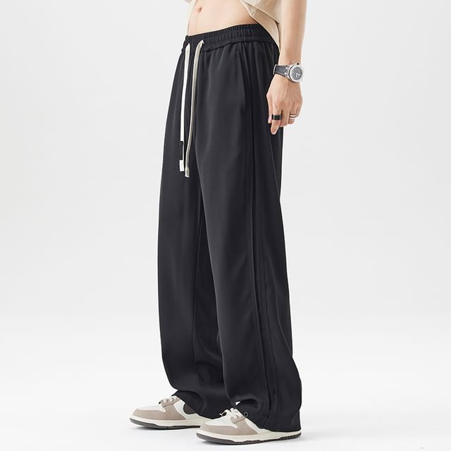 Nataro-Drawstring Waist Plain Loose Fit Pants