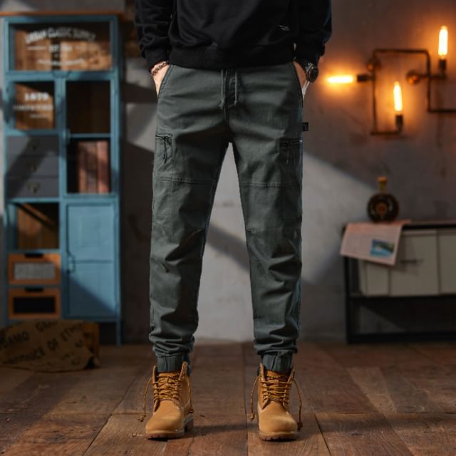 Nataro-Drawstring Waist Plain Tapered Cargo Pants