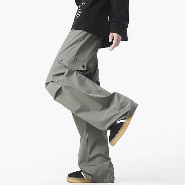 Nataro-Drawstring Waist Plain Wide Leg Cargo Pants