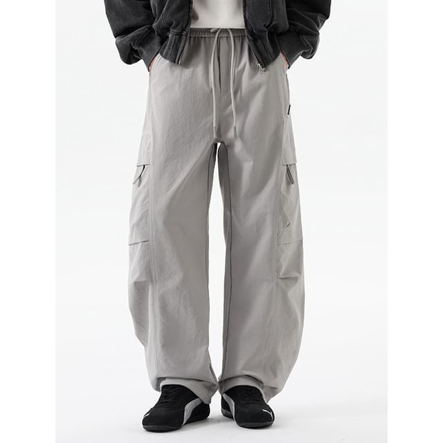 Nataro-Drawstring Waist Plain Wide Leg Cargo Pants