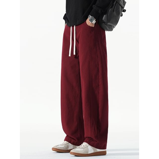 Nataro-Drawstring Waist Plain Wide Leg Pants