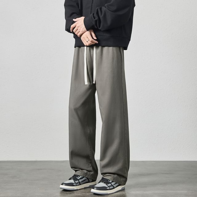 Nataro-Drawstring Waist Plain Wide Leg Pants