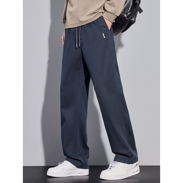 Nataro-Drawstring Waist Plain Wide Leg Pants