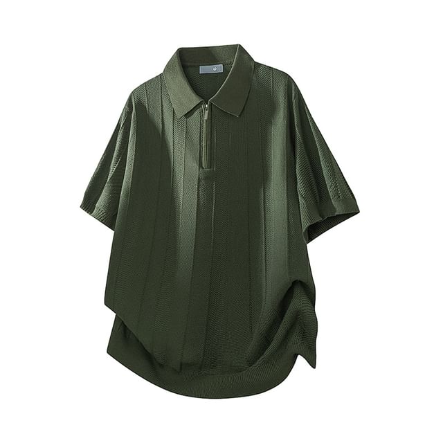 Nataro-Elbow-Sleeve Half-Zip Plain Knit Polo Shirt