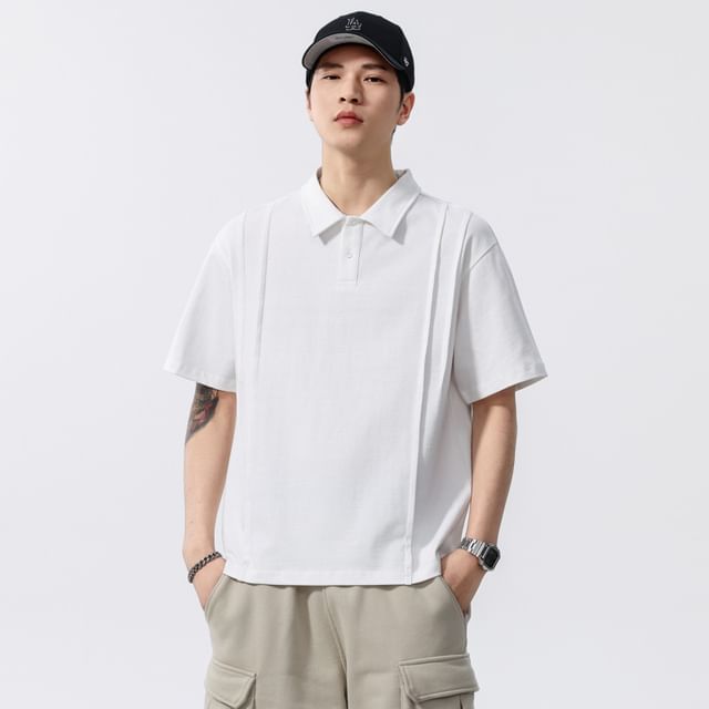 Nataro-Elbow-Sleeve Plain Pintuck Polo Shirt