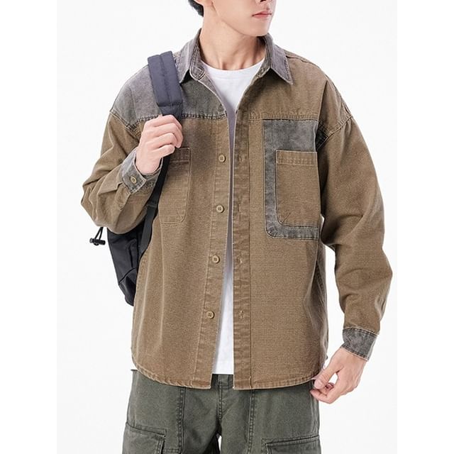 Nataro-Long-Sleeve Collared Washed Denim Button Up Shirt