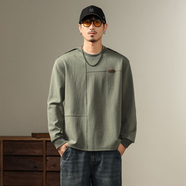 Nataro-Long-Sleeve Crew Neck Plain Panel T-Shirt
