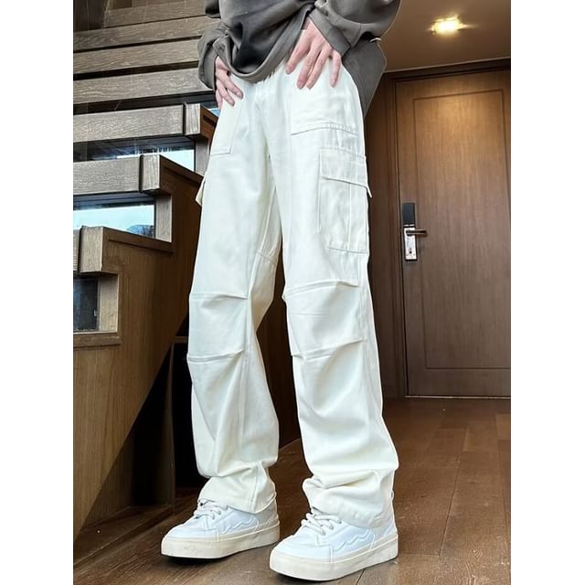 Nataro-Mid Rise Plain Straight Leg Cargo Pants