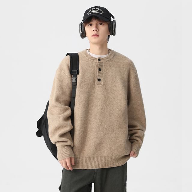 Nataro-Round Neck Henley Plain Sweater