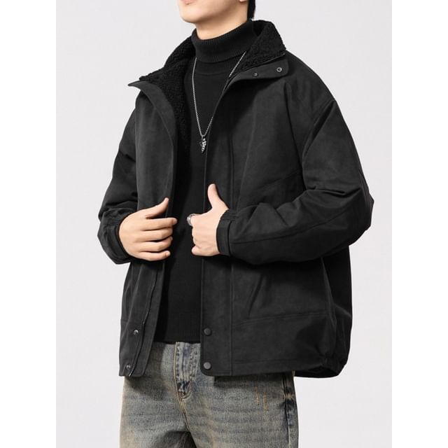 Nataro-Stand Collar Plain Faux Shearling Zip Jacket
