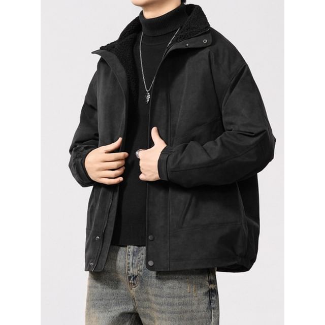 Nataro-Stand Collar Plain Fleece Lined Zip Jacket