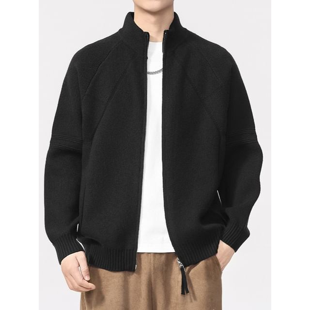 Nataro-Stand Collar Plain Zip Cardigan